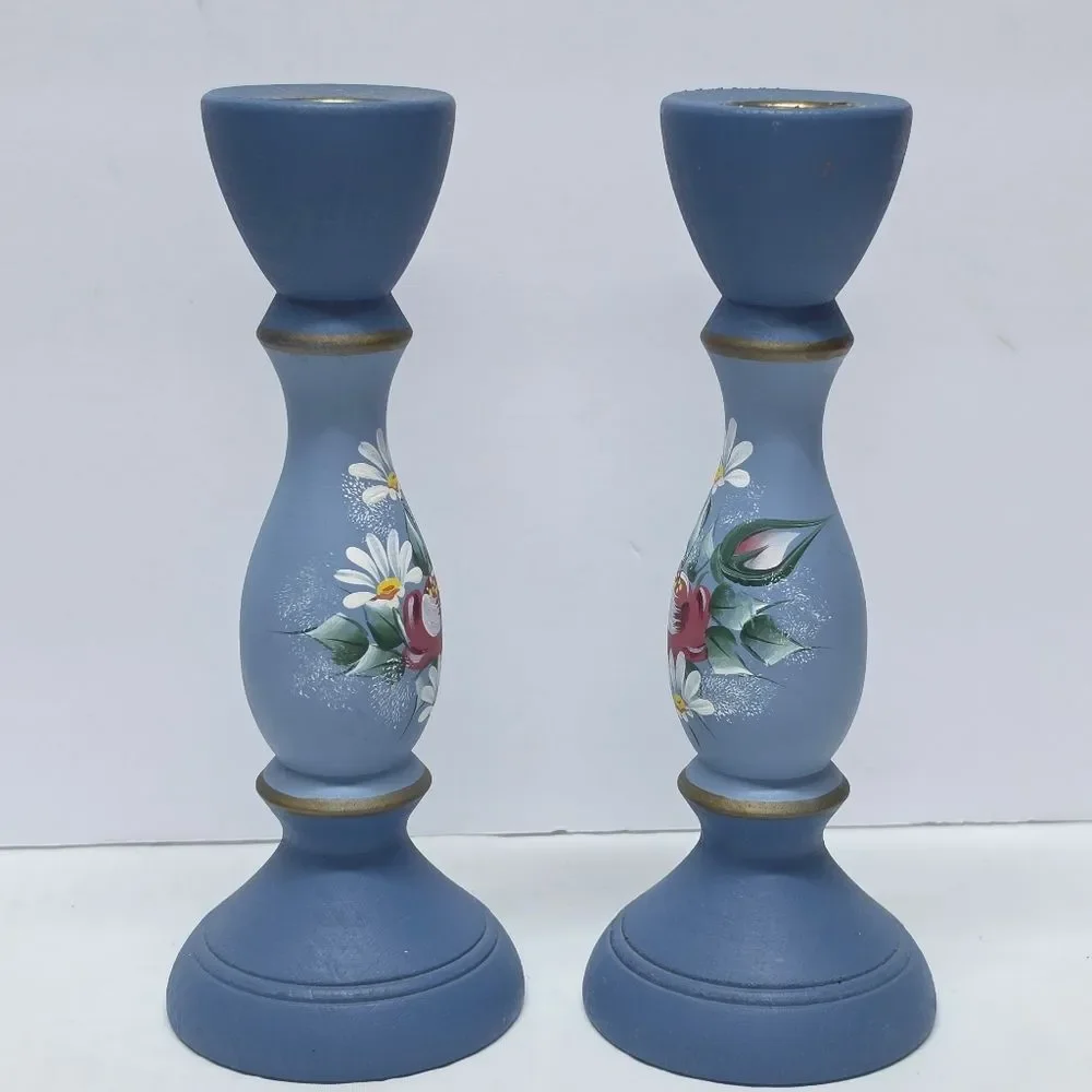 Vintage Swedish Handpainted Blue Floral Wooden Candlestick Holders Set Folk Art